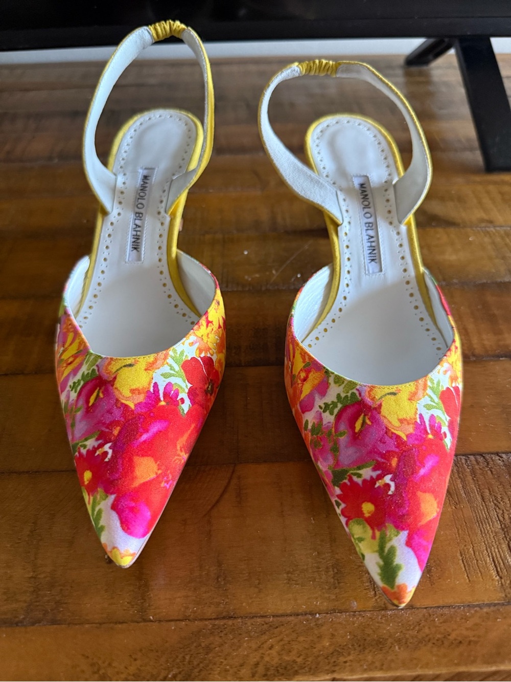 Manolo Blahnik Yellow, Pink & Multicolor Floral Slingback Pumps